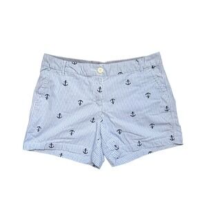 Crown & Ivy Caroline Blue White Seersucker Anchor Embroidered Shorts Womens 10